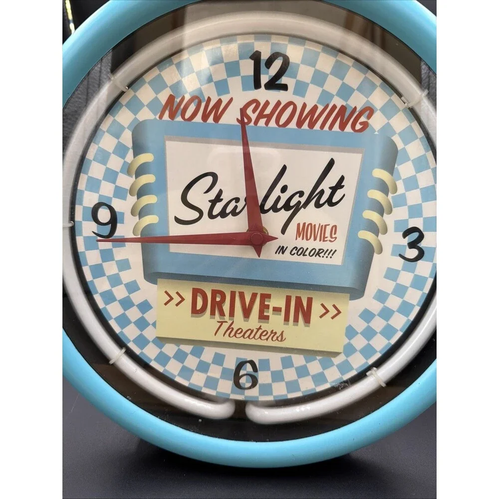Ravina Clock Company  BLUE Twin Bell  Neon Clock Starlight Movies Drive In. GUC!